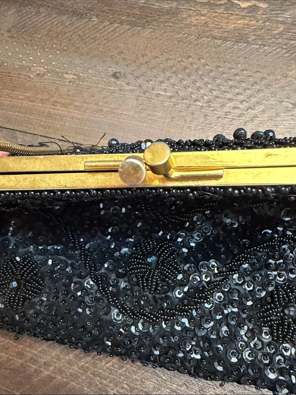Elegant black beaded vintage 1960s DENA of Dallas clutch handbag gold hardware